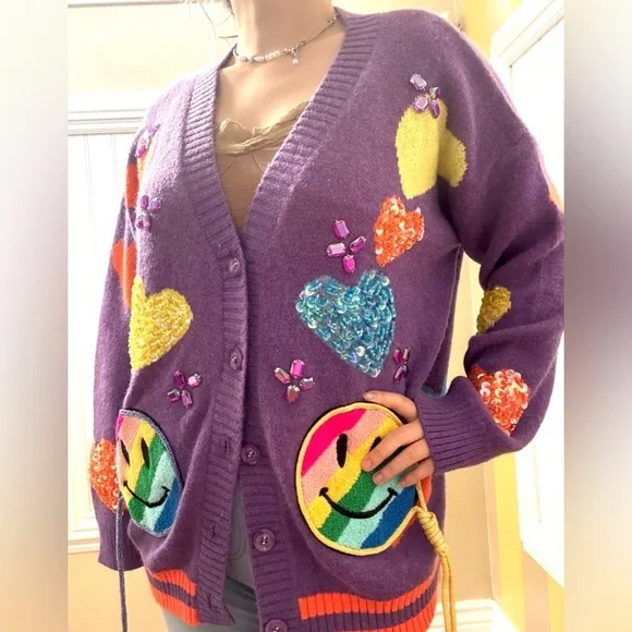 Vibrant Heart Patterned Women's Cardigan - Picture 7 of 9